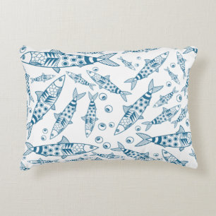 Portuguese Lisbon Sardines Pattern Azulejos White Accent Pillow