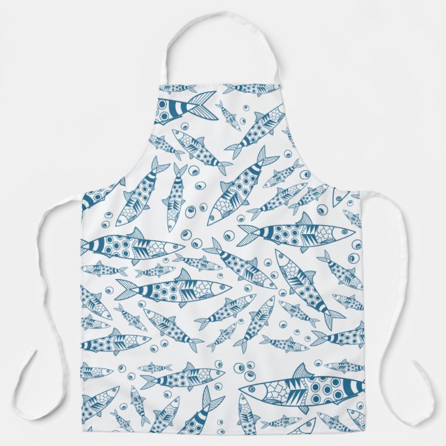 Portuguese Lisbon Sardines Pattern Azulejos White Apron (Front)