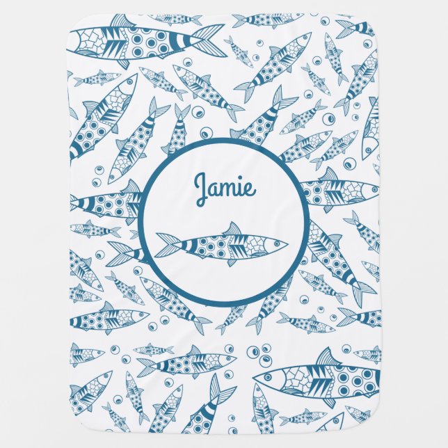 Portuguese Lisbon Sardines Pattern Azulejos White Baby Blanket (Front)