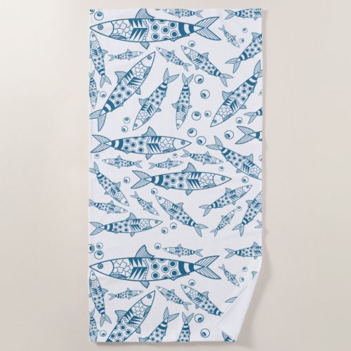 Portuguese Lisbon Sardines Pattern Azulejos White Beach Towel