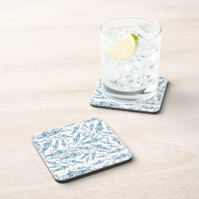 Portuguese Lisbon Sardines Pattern Azulejos White Beverage Coaster (Right Side)