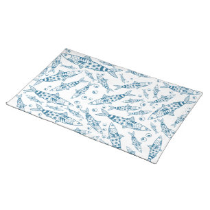 Portuguese Lisbon Sardines Pattern Azulejos White Cloth Placemat