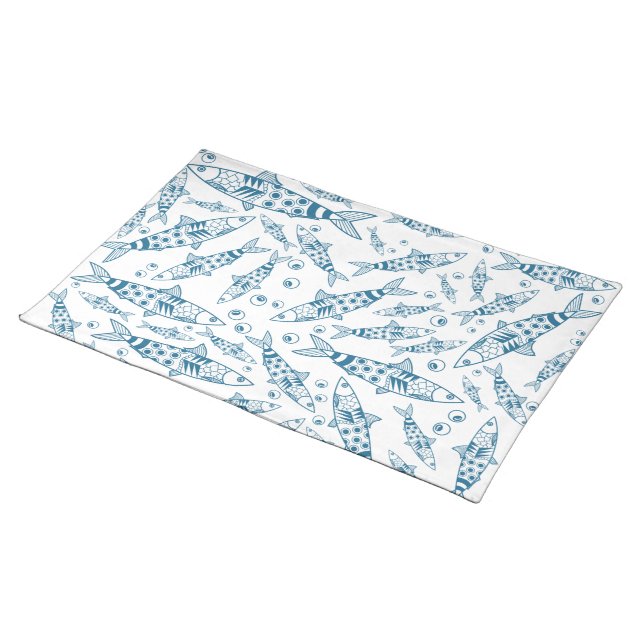 Portuguese Lisbon Sardines Pattern Azulejos White Cloth Placemat (On Table)