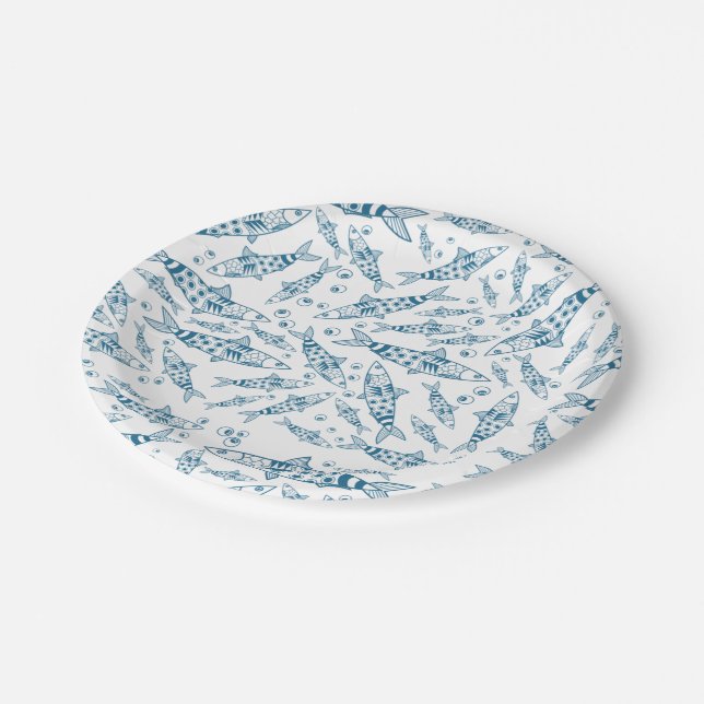 Portuguese Lisbon Sardines Pattern Azulejos White Paper Plates (Angled)