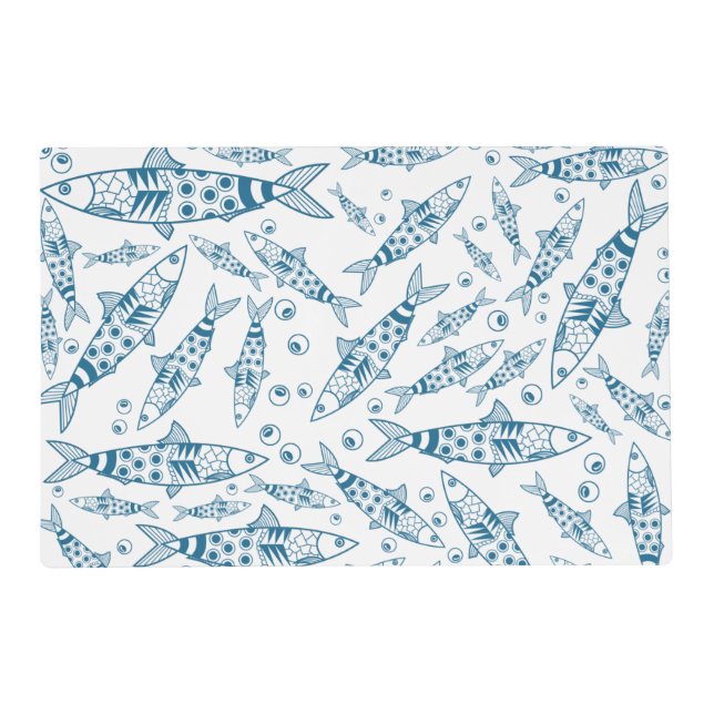 Portuguese Lisbon Sardines Pattern Azulejos White Placemat (Front)
