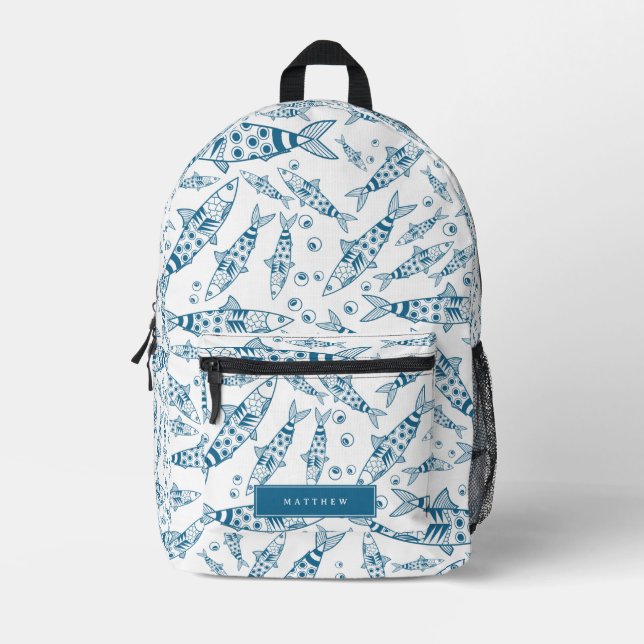 Portuguese Lisbon Sardines Pattern Azulejos White Printed Backpack (Front)