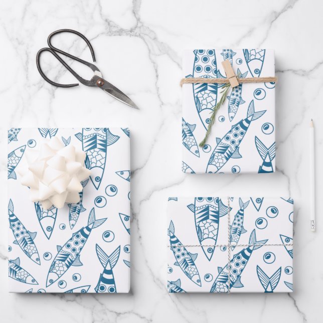 Portuguese Lisbon Sardines Pattern Azulejos White Wrapping Paper Sheets (Front)