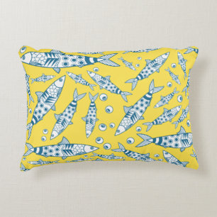 Portuguese Lisbon Sardines Pattern Azulejos Yellow Accent Pillow