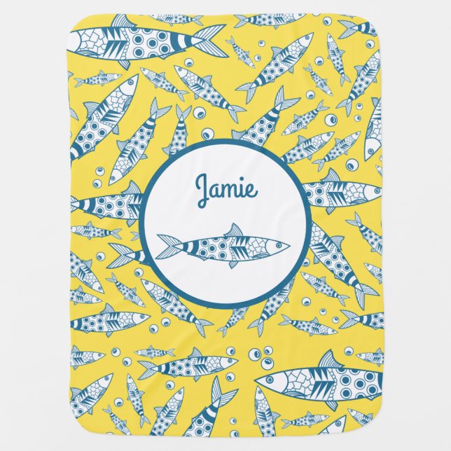 Portuguese Lisbon Sardines Pattern Azulejos Yellow Baby Blanket (Front)