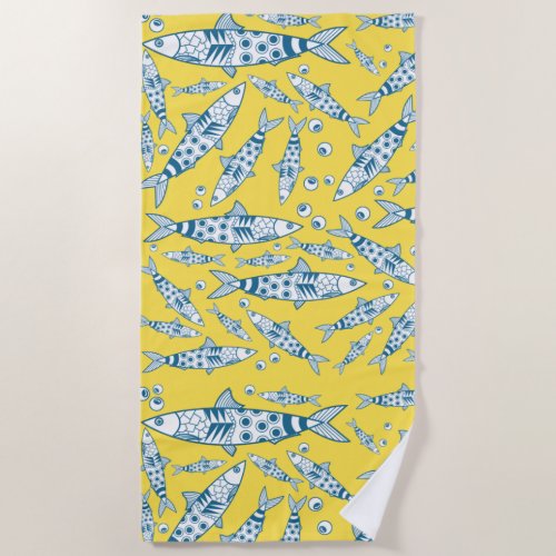 Portuguese Lisbon Sardines Pattern Azulejos Yellow Beach Towel