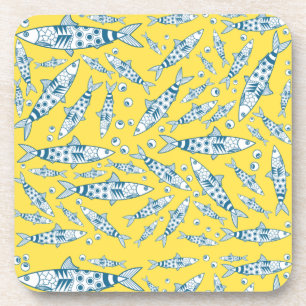 Portuguese Lisbon Sardines Pattern Azulejos Yellow Beverage Coaster