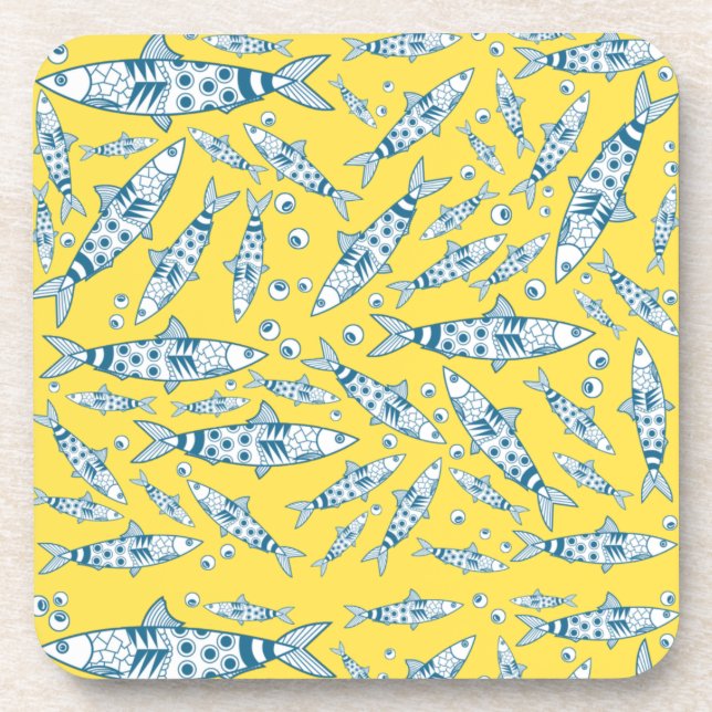 Portuguese Lisbon Sardines Pattern Azulejos Yellow Beverage Coaster (Front)