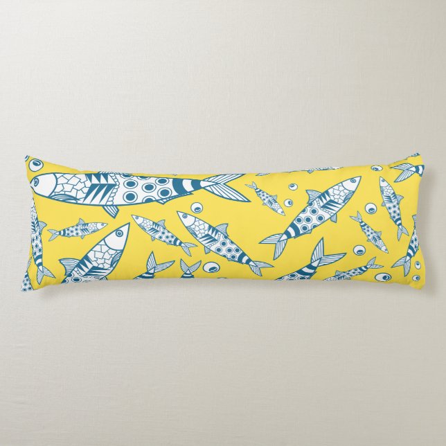 Portuguese Lisbon Sardines Pattern Azulejos Yellow Body Pillow (Front)