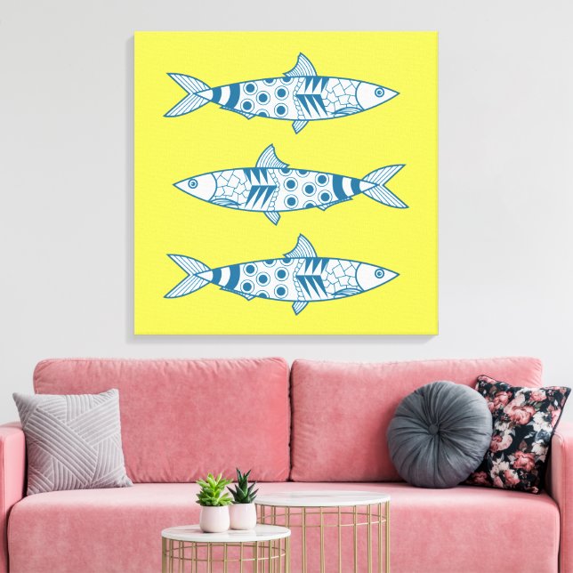 Portuguese Lisbon Sardines Pattern Azulejos Yellow Canvas Print (Insitu(LivingRoom))