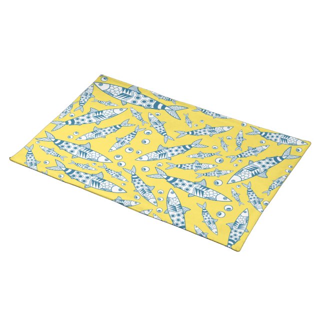 Portuguese Lisbon Sardines Pattern Azulejos Yellow Cloth Placemat (On Table)