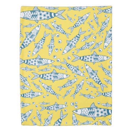 Portuguese Lisbon Sardines Pattern Azulejos Yellow Duvet Cover