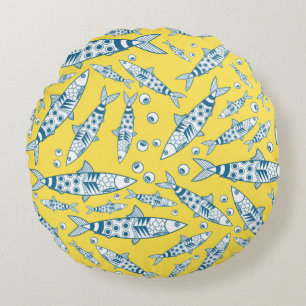 Portuguese Lisbon Sardines Pattern Azulejos Yellow Round Pillow