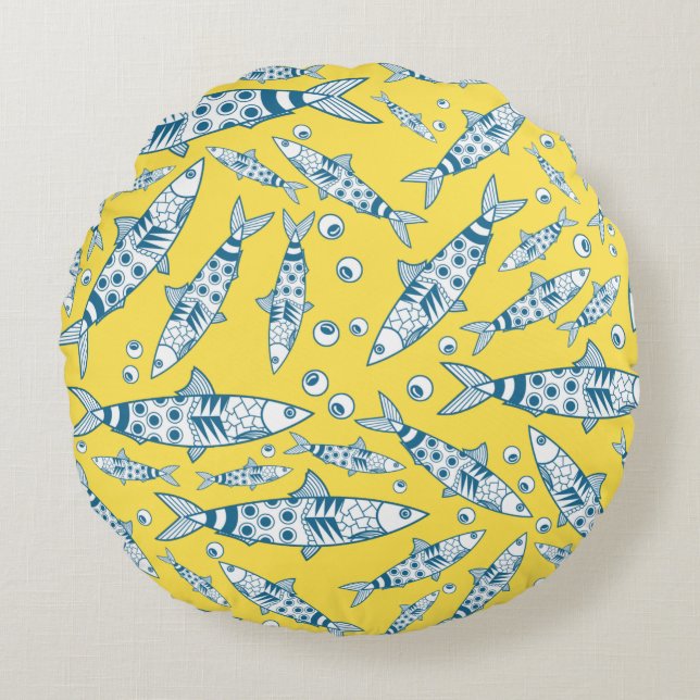 Portuguese Lisbon Sardines Pattern Azulejos Yellow Round Pillow (Front)