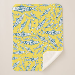 Portuguese Lisbon Sardines Pattern Azulejos Yellow Sherpa Blanket