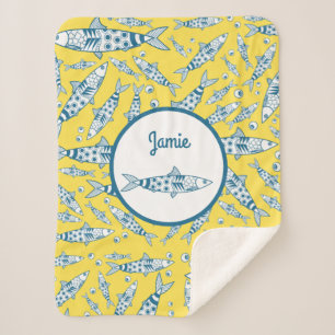 Portuguese Lisbon Sardines Pattern Azulejos Yellow Sherpa Blanket
