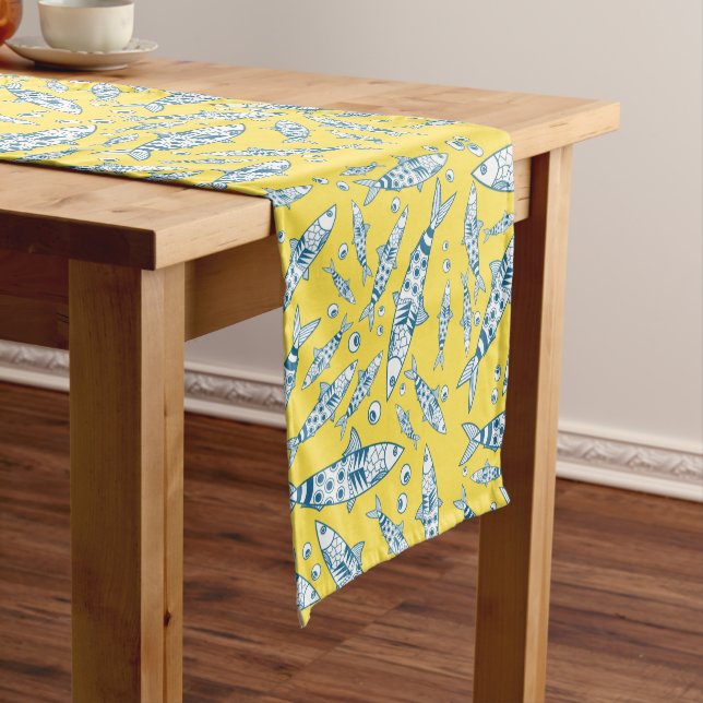 Portuguese Lisbon Sardines Pattern Azulejos Yellow Short Table Runner (In Situ)