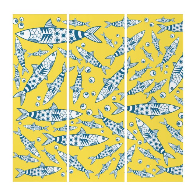 Portuguese Lisbon Sardines Pattern Azulejos Yellow Triptych (Front)