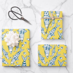 Portuguese Lisbon Sardines Pattern Azulejos Yellow Wrapping Paper Sheets