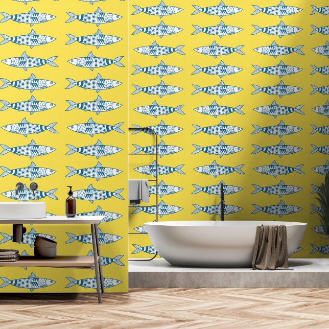 Portuguese Lisbon Sardines Yellow Pattern Azulejos Wallpaper (Bathroom)