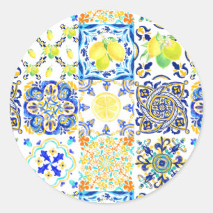 Portuguese Majolica Azulejo Mediterranean Lemon Classic Round Sticker