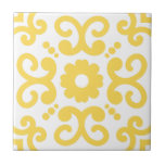 Portuguese Mediterranean Warm Yellow White 2 Ceramic Tile<br><div class="desc">Stylish Azulejo Portuguese Mediterranean style pattern ceramic tile light warm yellow on a white background. Perfect for interior design or backsplash. Pattern version 2.</div>