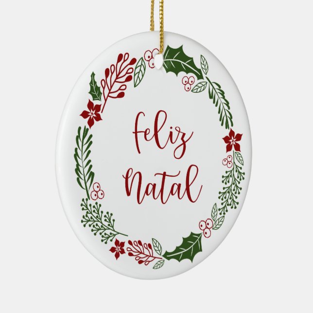 Portuguese Merry Christmas Wreath, Feliz Natal Ceramic Ornament (Right)