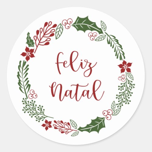 Portuguese Merry Christmas Wreath Feliz Natal Classic Round Sticker