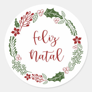 Portuguese Merry Christmas Wreath, Feliz Natal Classic Round Sticker