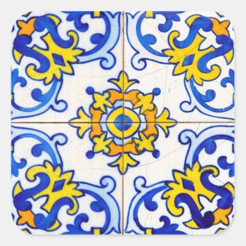 Portuguese Mosaic Azulejo Art Tile Square Sticker by wheresmymojo at Zazzle