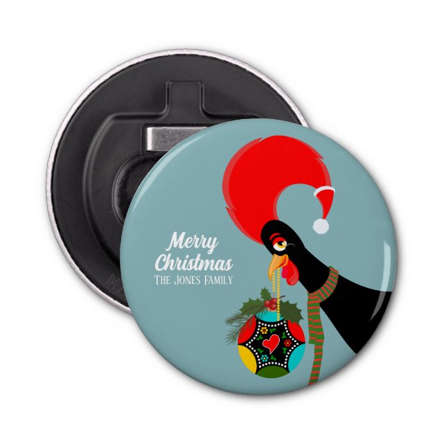Portuguese Rooster and holly Christmas bauble Bottle Opener (Front)