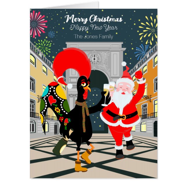 Portuguese Rooster and Santa toast to the New Year Card (Front)