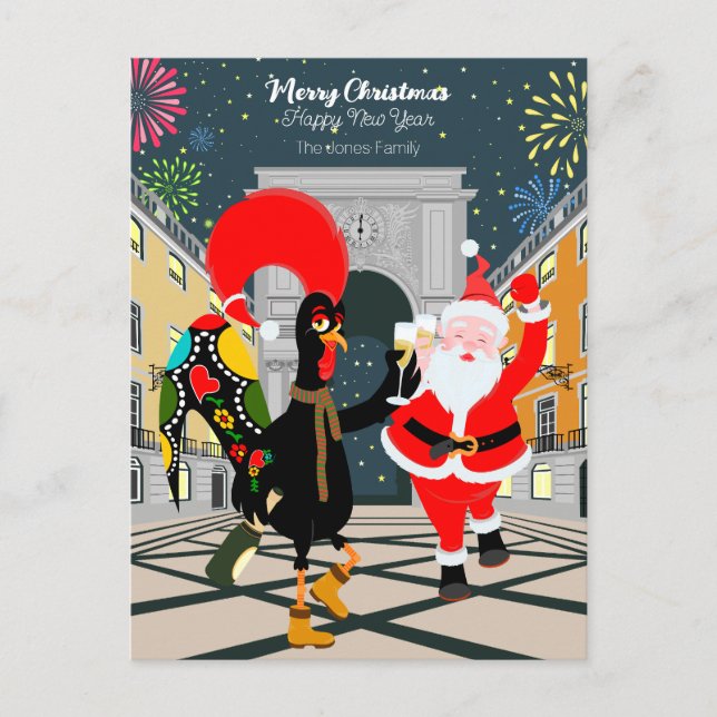 Portuguese Rooster and Santa toast to the New Year Postcard (Front)