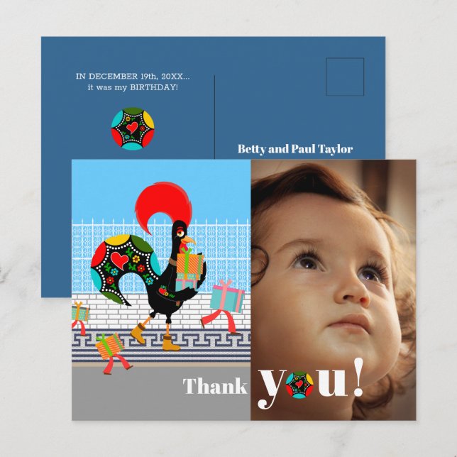 Portuguese Rooster Birthday Party Thank You Postcard (Front/Back)