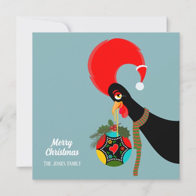 Portuguese Rooster  Christmas holly bauble Holiday Card (Front)