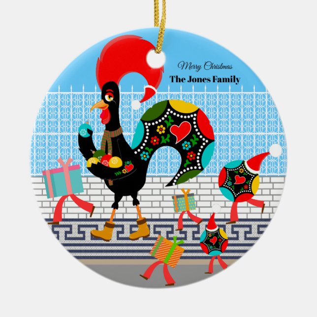 Portuguese Rooster Festive Christmas Parade Ceramic Ornament (Front)