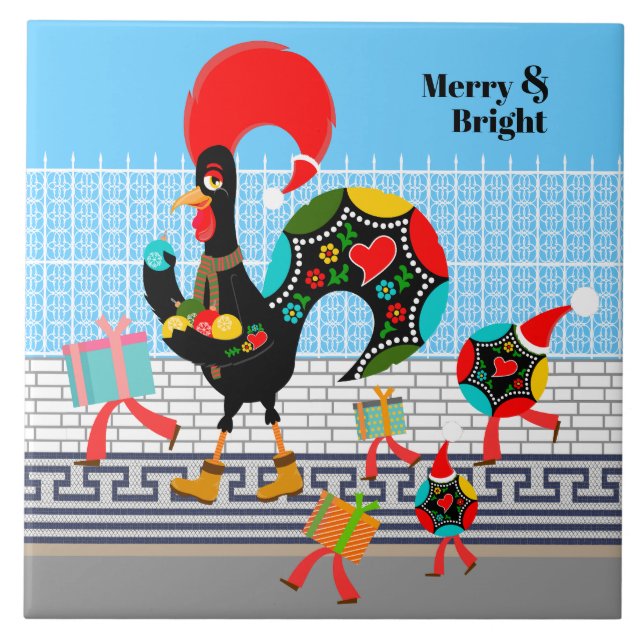 Portuguese Rooster Festive Christmas Parade Ceramic Tile (Front)