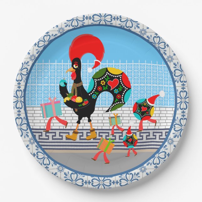Portuguese Rooster Festive Christmas Parade Paper Plates (Front)