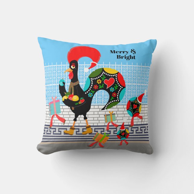 Portuguese Rooster Festive Christmas Parade Throw Pillow (Front)