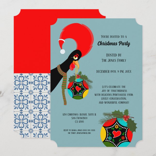 Portuguese Rooster holly Christmas Bauble Party Invitation (Front/Back)