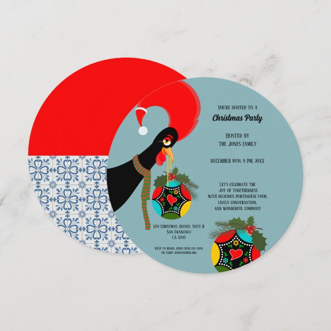 Portuguese Rooster holly Christmas Party Bauble Invitation (Front/Back)