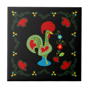 Portuguese Rooster of Luck in green color Ceramic Tile