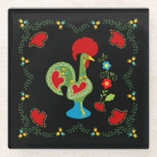 Portuguese Rooster of Luck in green color Glass Coaster