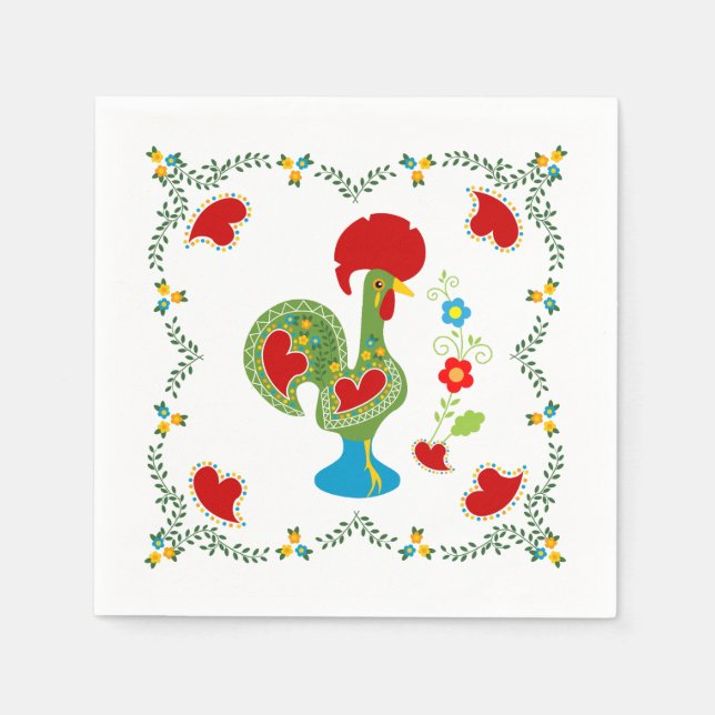 Portuguese Rooster of Luck in green color Napkins (Front)