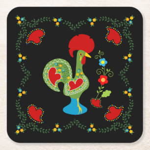 Portuguese Rooster of Luck in green color Square Paper Coaster