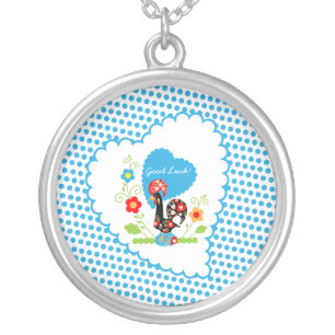 Portuguese Rooster with blue polka dots Silver Plated Necklace